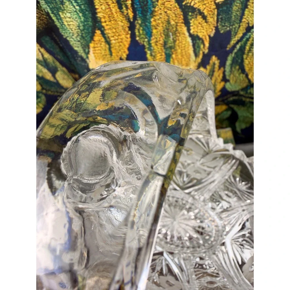 Vintage Cut Crystal Glass Basket Etched Floral Starburst Centerpiece 10.5 inch